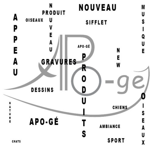 Etiquette nouveau produit: logo Apo-Gé entouré de mots "nouveau produit", "nature", "sifflet", "new", "musique", etc